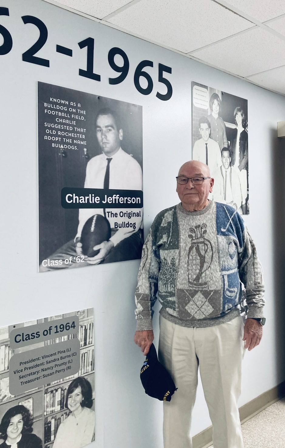 Charlie Jefferson, of the Class of 1962, is known as "the original Bulldog." Jefferson, who played football for Old Rochester Regional High School, suggested that the school adopt the name Bulldogs.